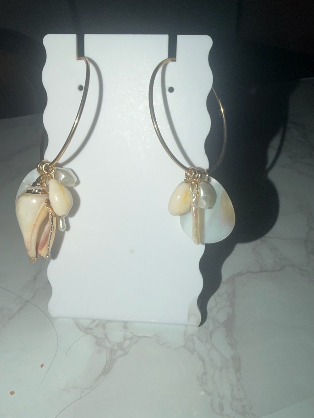 Gold Hoop Earrings with Cream Shell Charms